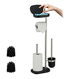 Relaxdays WC Garnitur, HxBxT: 69 x 31 x 16 cm, stehender Klopapierhalter, Klobürste, Ersatzrollenhalter, Ablage, schwarz