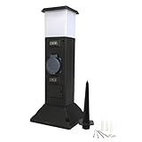 UNITEC Steckdosenverteiler für den Außenbereich, Gartensteckdose, 2 Steckdosen, mit Beleuchtung, IP44 spritzwassergeschützt, Kunststoffsäule, schwarz