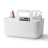 SYLANDO Korb Organizer mit Griff, 24x15x11 cm, Kunststoffkorb, Reinigungskorb, Bastelkorb, Schreibtischkorb, Aufbewahrung für stifte, bad, schminktisch, Bastelsachen, Nähutensilien (Weiß)