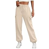 Cargo Jogginghose Damen Leicht Loose Fit Solid Color Freizeithose Hohe Taille Sporthose Trainingshose Herbst Winter Cinch Bottom Lang Warme Sweatpants mit Taschen Beige XXL