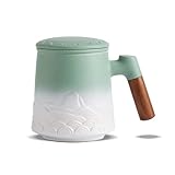 ZENS Teetasse mit Deckel und Sieb, 500ml Große Holzgriff Teebecher mit Teesieb und Deckel für Losen Tee, Geprägtem Keramik Teetassen Geschenke für Teeliebhaber