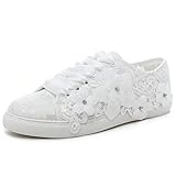 Elivandon 16054 Hochzeitsschuhe Braut Turnschuhe Wohnungen Braut Tennisschuhe Spitze Turnschuhe Farbe Elfenbein,Größe 40 EU (6.5 UK)
