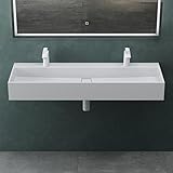 Mai & Mai Waschbecken Aufsatzwaschbecken Hängewaschbecken aus Mineralguss 120x40x12cm in matt Weiß mit 2 Armaturenlöcher Col6028
