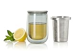 AdHoc Teeglas mit Teesieb/Filter, Teesieb für lose Blätter mit Tasse/Becher, 400 ml, doppelwandiges, hitzebeständiges Borosilikatglas, Deckel inklusive, spülmaschinenfest