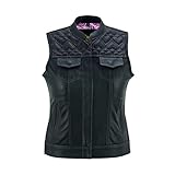 Leatherick Motorradweste aus schwarzem Leder für Damen – traditionelles Paisley-Satinfutter mit rosa Herznähten (as3, alpha, 4x_l, regular, regular, Genähtes Rosa Herz)