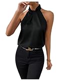 GORGLITTER Damen Satin Blusen Elegant Tunika Hemdbluse Neckholder Oberteile OL Business Bluse mit Laternenärmeln Schwarz L