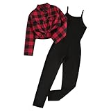 XINYUNZU Mädchen Jumpsuit mit Kariertes Hemd Langarm Kuschelanzug Mode Klamotten 2 Teilig Set Kinder Kleidung Sportanzug Bekleidungssets Tages Angebote Sale Wein 10 Jahre
