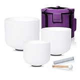 SOUNDELLO Klangschalen aus Quarzkristall, 15,2–25,4 cm, 432 Hz, reinweiß, für Heilung, Achtsamkeit, Meditation, Yoga, Klangbäder mit Etui und Schlägel, Wildlederklöppel, 3 Stück