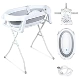 Ansobea Baby Badewanne mit Gestell, Faltbare Babybadewanne mit Rutschfestem Ständer, Baby Wanne mit Badematte, Badewanneneinsatz Baby für Neugeborene Kleinkinder, Grau