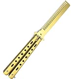 Lerkely Butterfly Balisong Trainer Übung Messer Kamm, Folding Schmetterlings Trainer, Butterfly Trainingsschneider Haarkamm im Freien Camping-Praxis-Tool, Trainer Butterfly Comb Knife (Gold)