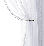Treatmentex Boho Gardinen mit Pompons Gardinen Ösen 140 cm Breite Transparent Gardinen mit Quasten Gardinen Voile Ösenschal Dekoschal für Wohnzimmer Schlafzimmer,2 Stücke(140 x 225 cm,Weiß)