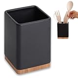 KOOK TIME Küchenutensilienhalter - Utensilienhalter küche aus keramik und Bambus - Quadratischer küchenhelfer aufbewahrung - Schwarz - 10,5 x 10,5 x 15 cm