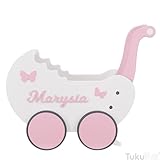 TukuTuk Puppenwagen ab 1 Jahr - Individuell mit Namen - Handgefertigter Puppenwagen - Holzpuppenwagen - Sicher Abgerundete Kanten - Ausdrucksstarke und Schöne Farben (Weiß, Rosa)