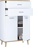 VCM Badmöbel Midischrank | Seitenschrank | Maße: H. 97 x B. 60 x T. 28 cm | 2 Schubladen | 2 Drehtüren | 2 Fächer - Landos Weiß/Honig-Eiche