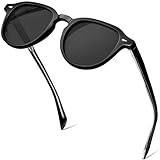 KANASTAL Sonnenbrille Damen Polarisierte Vintage Retro Runde Herren Sonnenbrille Leichtgewicht TR90 Rahmen mit Acetat Bügel UV400 Schutz, Glänzend Schwarz Rahmen und Schwarz Gläser