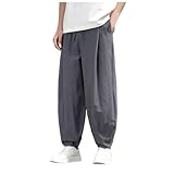 Herren Leinenhose Japan Style Trainingshose Lang Loose Fit Sommerhose Leicht Freizeithose Hippie Lange Hosen Sporthose mit Gummizug Urlaub Strandhose Yoga Hose Haremshose