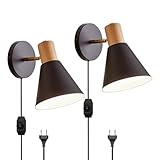 Retro Innen Wandleuchte Vintage mit Kabel, E27 Wandlampe aus Metall und Holz mit Schalter und Stecker, Verstellbare Nachttischlampe Wand Leselampe Wandspot für Schlafzimmer Wohnzimmer Hotel,Schwarz