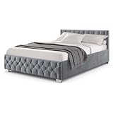 Juskys Polsterbett Nizza 180x200 cm Samt mit Stauraum, LED Beleuchtung & Lattenrost - Chesterfield Steppung & Kopfteil - Bett Bettgestell - Grau