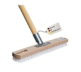 BawiTec Großflächen-Schrubber 40cm Breit mit stabilem Metall-Stielhalter und Geräte-Holzstiel Ø28mm, Länge 140cm,Bodenschrubber,Stiel,Schrubberbürste,Holz,Harte Borsten,Polypropylen-Borsten weiß