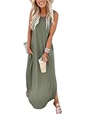 Cuptacc Maxikleid Damen Sommer Midi Boho Kleider mit Taschen Tie Dye Strandkleid Lang Marine Grün,Xl46