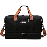 Weekender Taschen für Damen, Handgepäcktasche mit Schuhfach, wasserdichte Reisetasche Krankenhaustasche, 1220 Schwarz (mit Schultergurt)