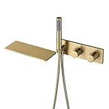 WOTZOV Badewannenarmatur Wasserfall mit Handbrause, Thermostat-Wannenarmatur Wandmontage Wannenarmatur Messing Wannenfüllarmatur Doppelgriff-Mischbatterie mit 1,5 m Brauses，Brushed Gold