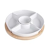 BUTLERS Set Snackschalen & Dipschalen | 5 Porzellan Schalen mit rundem Teller aus Bambus Ø26cm -APPETIZER- Servierschalen Set für Snacks, Fingerfood, Obst | Snackteller mit Fächern