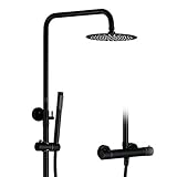 Badezimmer-Thermostat-Duscharmatur-Set, Schwarz/Chrom, Regenfall-Wasserhahn, Messing-Umstell-Mischbatterie-Set, Handbrause, 20,3–30,5 cm, Duschkopf, Wandarm, Ventil, Duschsystem-Set, Schwarz, 20,3 cm