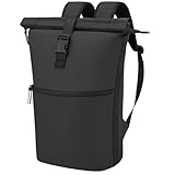 WELDUN Rolltop Rucksack für Damen & Herren, Großer 18L-27L Laptop Rucksack mit Computerfach für 17,3 Zoll Laptop, wasserfeste PU Leder Schulrucksack für Reisen Uni Arbeit Business, Schwarz