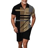 Cexiakong Herren Jogginganzug Zweiteiler Farbblock Trainingsanzug Kurzarm Reißverschluss Poloshirt und Kurze Hose Set Sportbekleidung Stretch Freizeitanzug Strandanzug