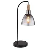 GLOBO LED Tischleuchte Holzakzent Nachttischlampe Rauchglas Beistellleuchte Retro schwarz, Metall, 4W 320lm warmweiß, LxBxH 25x18x55 cm