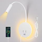 ERWEY Leselampe Bett, Leselampe Wandmontage 3W+8W Bettlampe mit Schalter und USB-Aufladung,LED Wandlampe Leselicht 360° Schwenkbar Schwanenhals mit Stecker und Kabel für Schlafzimmer, Weiß