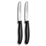 Victorinox Swiss Classic, Frühstücksmesser, Brötchenmesser, Scharfe Klinge, Wellenschliff, 11 cm, Kunststoffgriff, Rostfreier Stahl, Set 2teilig, Schwarz