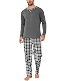 Litherday Schlafanzug Herren Lang Winter Baumwolle Zweiteiliger Nachtwäsche Set Männer Lang Rundhals mit Kariert Pyjamahose