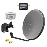 60cm HD Sat Anlage Twin LNB + 15m Koaxialkabel 135dB + Satfinder + 2 F-Stecker Digital 2 Teilnehmer Antenne grau UHD 4K