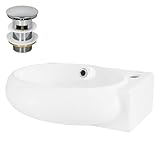 LuxeBath Waschbecken aus Keramik Weiß 43x28x15 cm oval mit Ablaufgarnitur Silber, Hahnloch rechts, Wandmontage, Modernes Aufsatzwaschbecken, Waschtisch klein, Waschschale Waschplatz Handwaschbecken