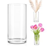 LOMUG Vase Glas, 30 cm Hohe Modern Blumenvase Glasvase Zylinder Rund Gross, Glaszylinder mit Boden, Zylindrisch Glas Vase Deko für Tischdeko, Orchideen, Kerze, Rosen, Tulpen, Pampasgras