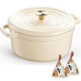 Overmont Bräter Emailliert Gusseisen Topf - Dutch Oven 26cm backofengeeignet mit Deckel und Kochbuch - für Braten Küche Backen Schmoren Weiß