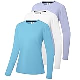 3er-Pack Damen Baumwolle Langarm T-Shirts Rundhalsshirt Classic-Fit Hemd Weiche Atmungsaktive Casual Tee Mode Basic Tops Hellviolett/Weiß/Aquablau-3P11-L