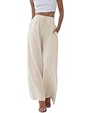 Imuedaen Damen Hosen Sommer Leinen Leicht Casual Locker Leinenhose Freizeithose Palazzo Hose Weite Leg Hose Sommerhose Hohe Taille mit Tunnelzug und Taschen (A Apricot, S)