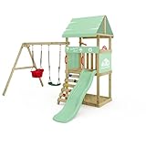 Wickey Spielturm DinkyHouse mit Schaukelanbau - pastellgrüne Rutsche & Plane - Kinder Kletterturm für den Garten aus Massivholz - 303x317x247 cm