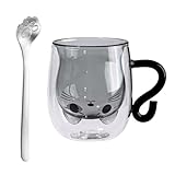 Counius Latte Macchiato Gläser,Espressotassen,Katzentasse,Doppelwandige Kaffeegläser,Cappuccino Gläser mit Henkel und Löffel,Kaffeetasse Katzen Geschenke für Katzenliebhaber Geburtstag