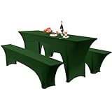Elastische Hussen Für Bierzeltgarnitur Biertischhussen Bierbank-Auflage & Tischdecke 50 cm Oder 70 cm Tischbreite, 3 TLG Set Stretch Hussen Für Festzeltgarnituren Bierbank (70cm,Forest Green)