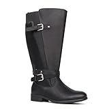 Chicblooms Damen Reitstiefel mit extra breitem Schaft, niedrigem Absatz, Knöchelriemen, schlankes Design, kniehohe Stiefel, Schwarz Synthetik EU 39