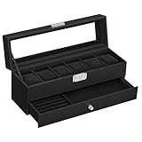 SONGMICS Uhrenbox, Uhrenkasten mit Glasdeckel, 2 Ebenen, für 6 Uhren, abschließbar, 1 Schublade, für Ringe, Armbänder, Geschenkidee, PU-Bezug in Schwarz, Innenfutter in Schwarz JWB060B02
