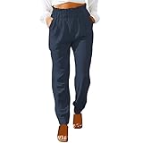 Leinenhose Damen Sommer Lang Leichte - Elastischer Bund Freizeithose Loose Fit Haremshose Bequem Stoffhose mit Tasche Frauen Lässige Bedruckt Sommerhose Strandhose Luftige Jogginghose Yogahose