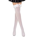 Xinjoduz 2 Stück Overknee Strümpfe Rüschen Socken Kniestrümpfe Damen Weiß Atmungsaktive Lange Schleifenstrümpfe Niedliche Spitze Knielange Strümpfe Weiss Damen