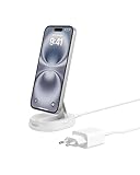 Belkin BoostCharge Pro induktive Ladestation 15W, Qi2-Ladegerät, kabelloses Ladegerät, kompatibel mit MagSafe, kabelloses Qi2-Ladestation für Apple iPhone 16/15/14/13/12, inkl. 20-W-Netzteil – Weiß