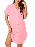 Vrtige Damen-Nachthemd aus Baumwolle, gestreift, V-Ausschnitt, kurzärmelig, Knopfleiste, Solid Pink, M