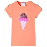 Kinder T-Shirt Neonorange, Kurzarmshirt mit Pailletten Eiscreme Motiv, Weiches Atmungsaktives Shirt für Jungen, Mädchen, Größe 128 (7-8 Jahre)